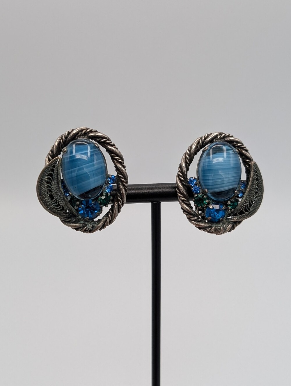 Vintage 1950s West Germany Style Blue Banded Agate Glass Clip On Earrings MCM